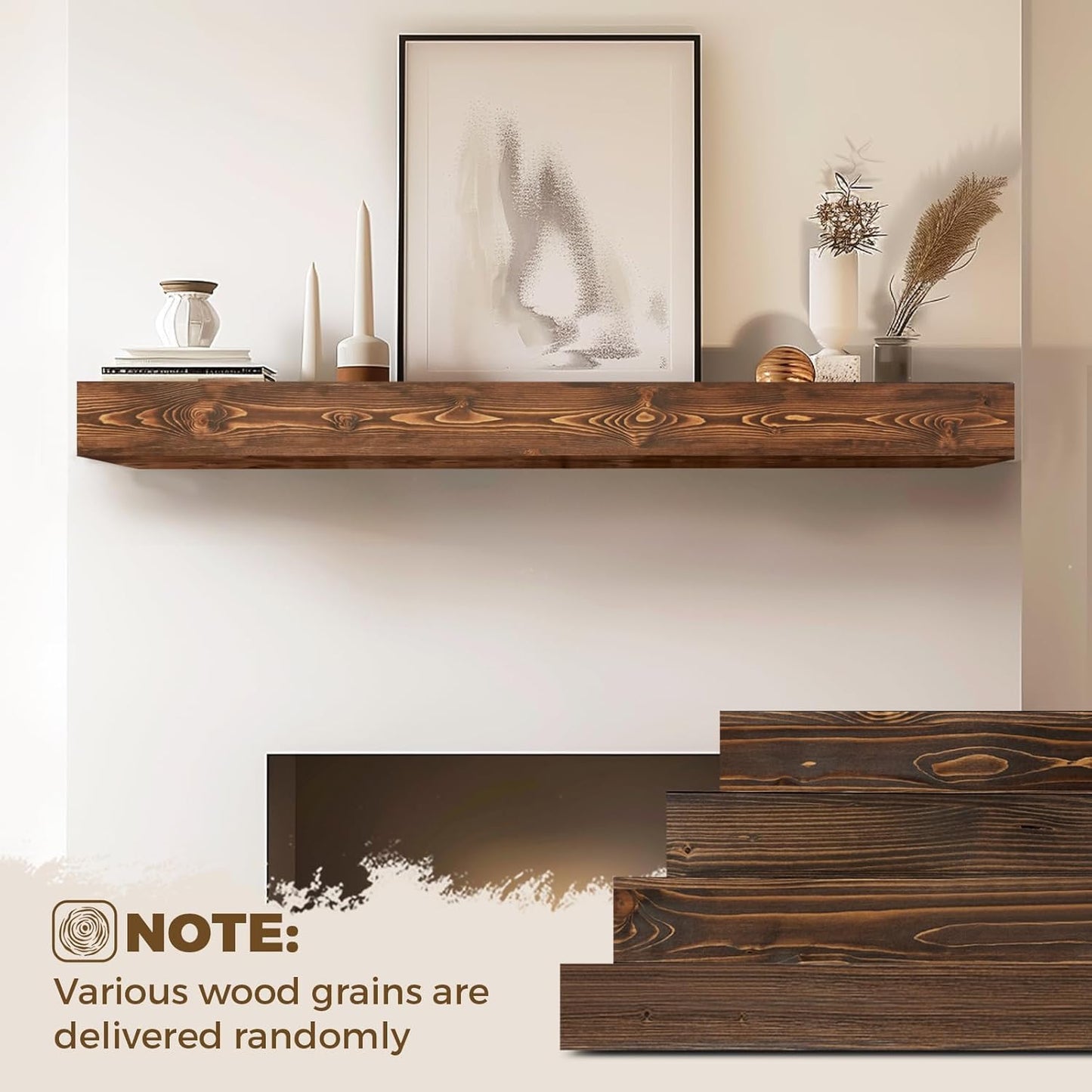 56x8x5 Fireplace Mantel - Handcrafted Hollow Rustic Solid Wood Wall Mounted Floating Shelf with Invisible Heavy Duty Wood Bracket (Weathered Brown)