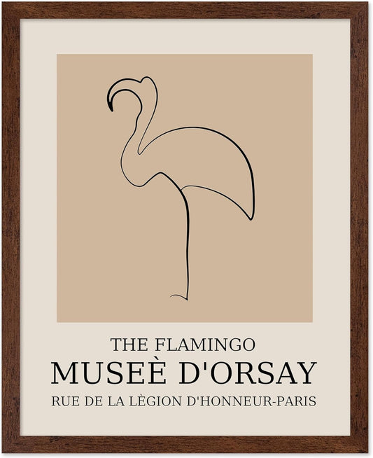 Poster Master Vintage Poster - Retro Minimalist Print - Gift for Artist, Housewarming - Flamingo, Line Drawing, Sketch, Abstract - Wall Decor for Living Room, Bedroom, 8x10 Brown Framed