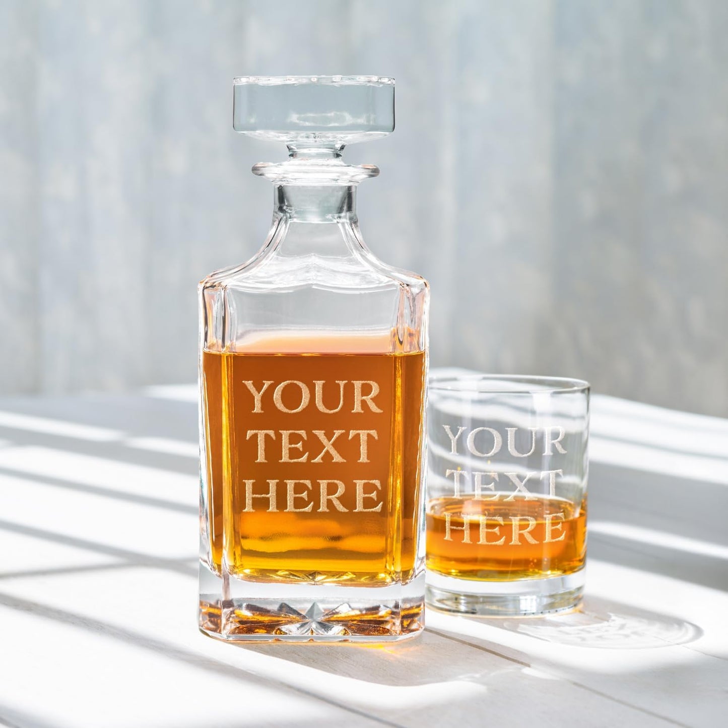 Gifts Inscribed Custom Text Whiskey Decanter & Glasses Set of 2 – Engraved Glass Cups Drinking Glasses Set of 2 – Personalized Whiskey Glasses Drinking Set – Customized Whisky Glassware Gift for Him