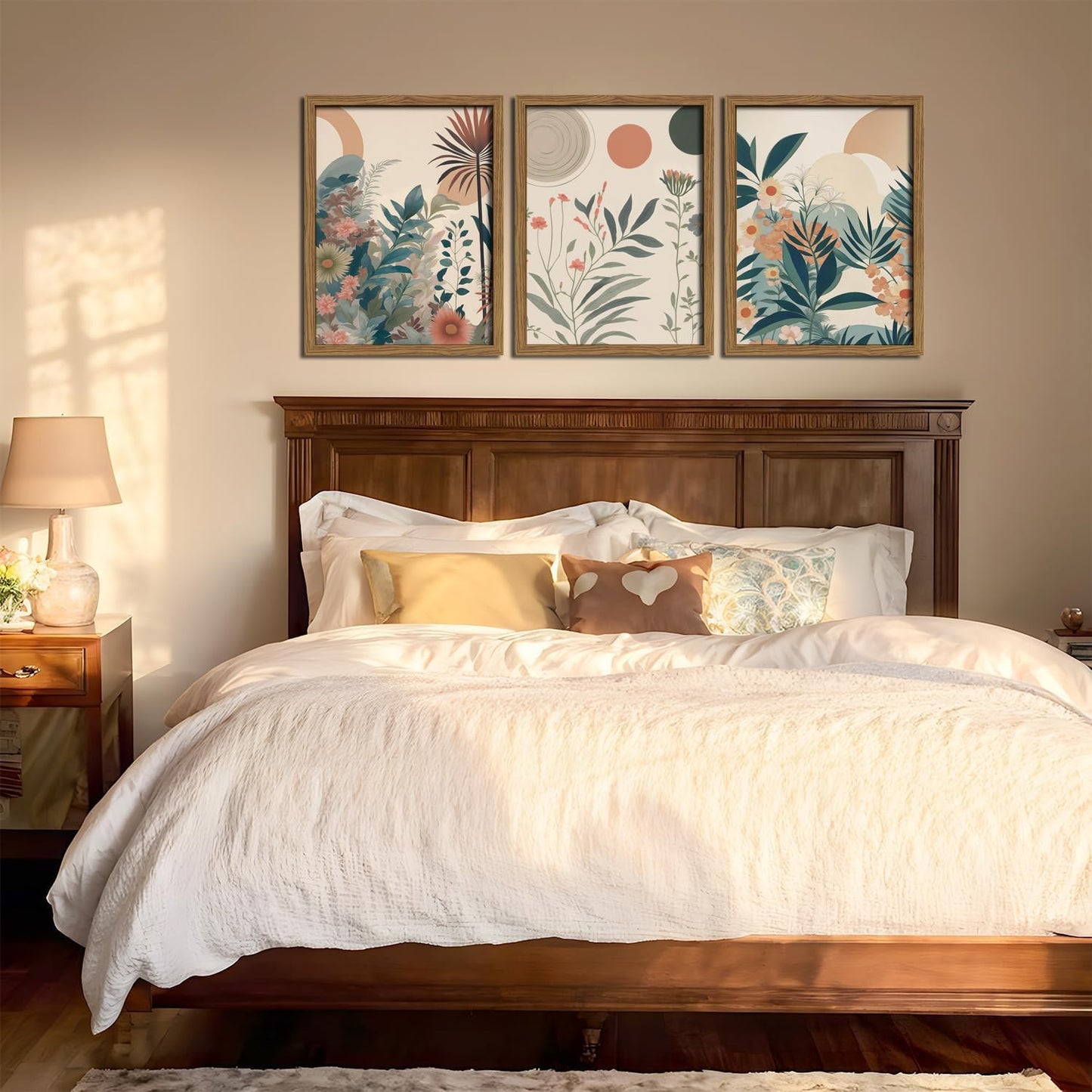 Marllifenney Wood Framed Orange Plants Canvas Wall Art Set of 3 Boho Botanical Wall Decor Abstract Floral Poster Modern Nature Prints Painting Picture for Living Room Bedroom Kitchen Office 12x16in