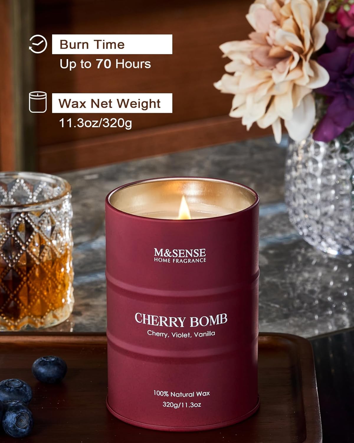 M&SENSE Cherry Bomb Scented Candles, Sweet Candle for Home Scented, Natural Soy Wax Cherry Blossom, Gifts for Women Mom, 11.3 oz 70 Hours Burn
