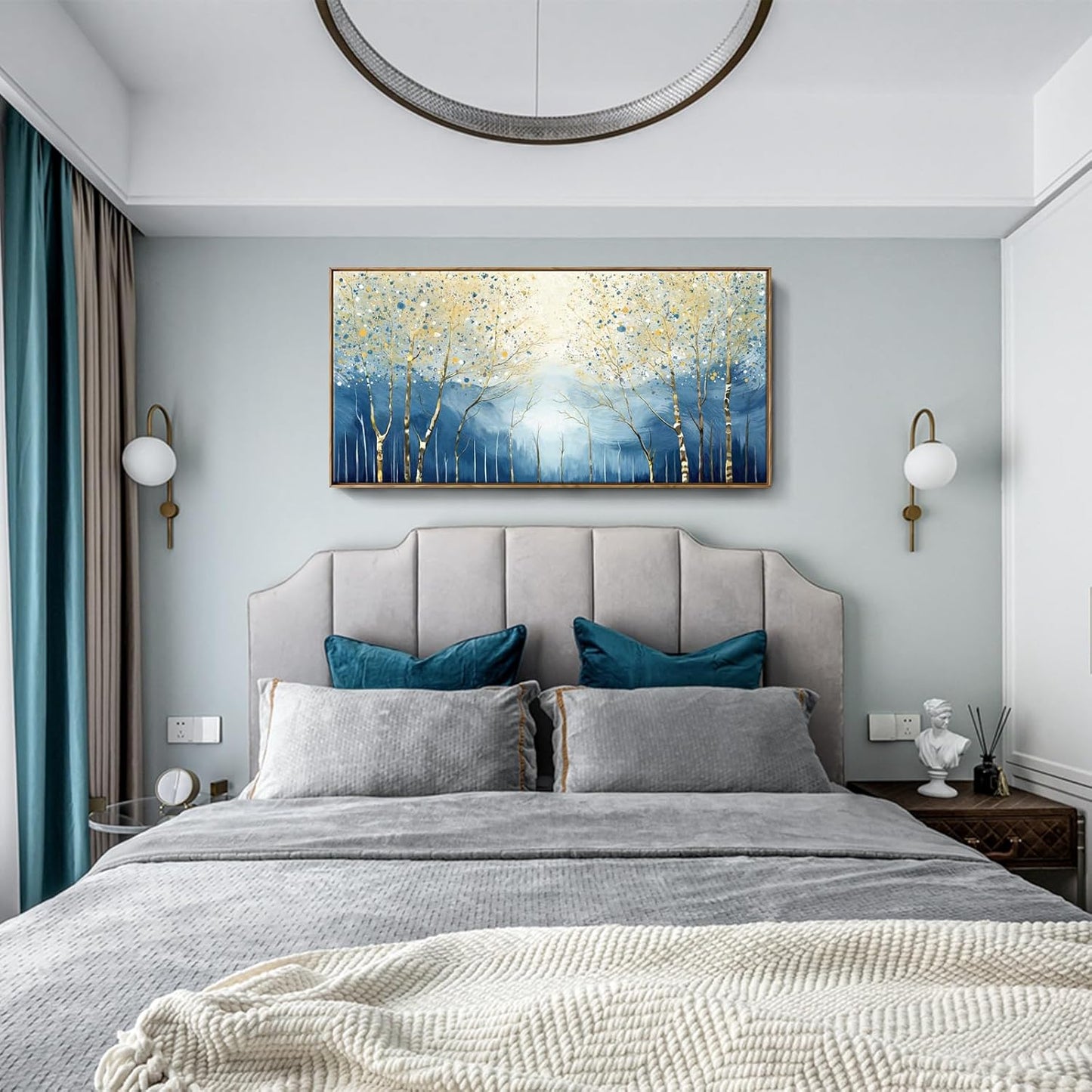 amatop Large Framed Abstract Canvas Wall Art Navy Blue Art Print Modern Nature Tree of Life Artwork Birch Contemporary Landscape Picture for Office Living Room Bedroom Hallway Home Decor 48x24 Inch