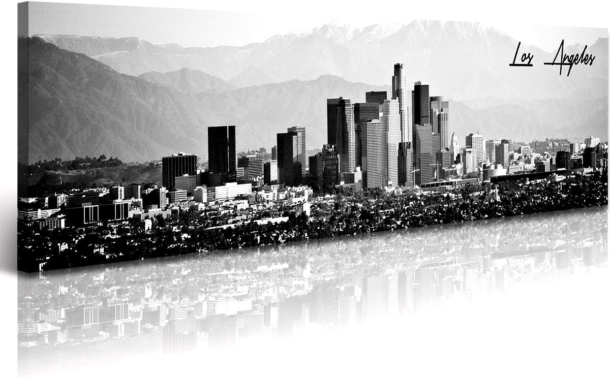 DJSYLIFE Los Angeles Skyline Wall Art Black and White USA Panoramic Cityscape Picture Canvas Prints Artwork for Bedroom Men Room Office Decoration Painting Ready to Hang 13.8"x47.3"