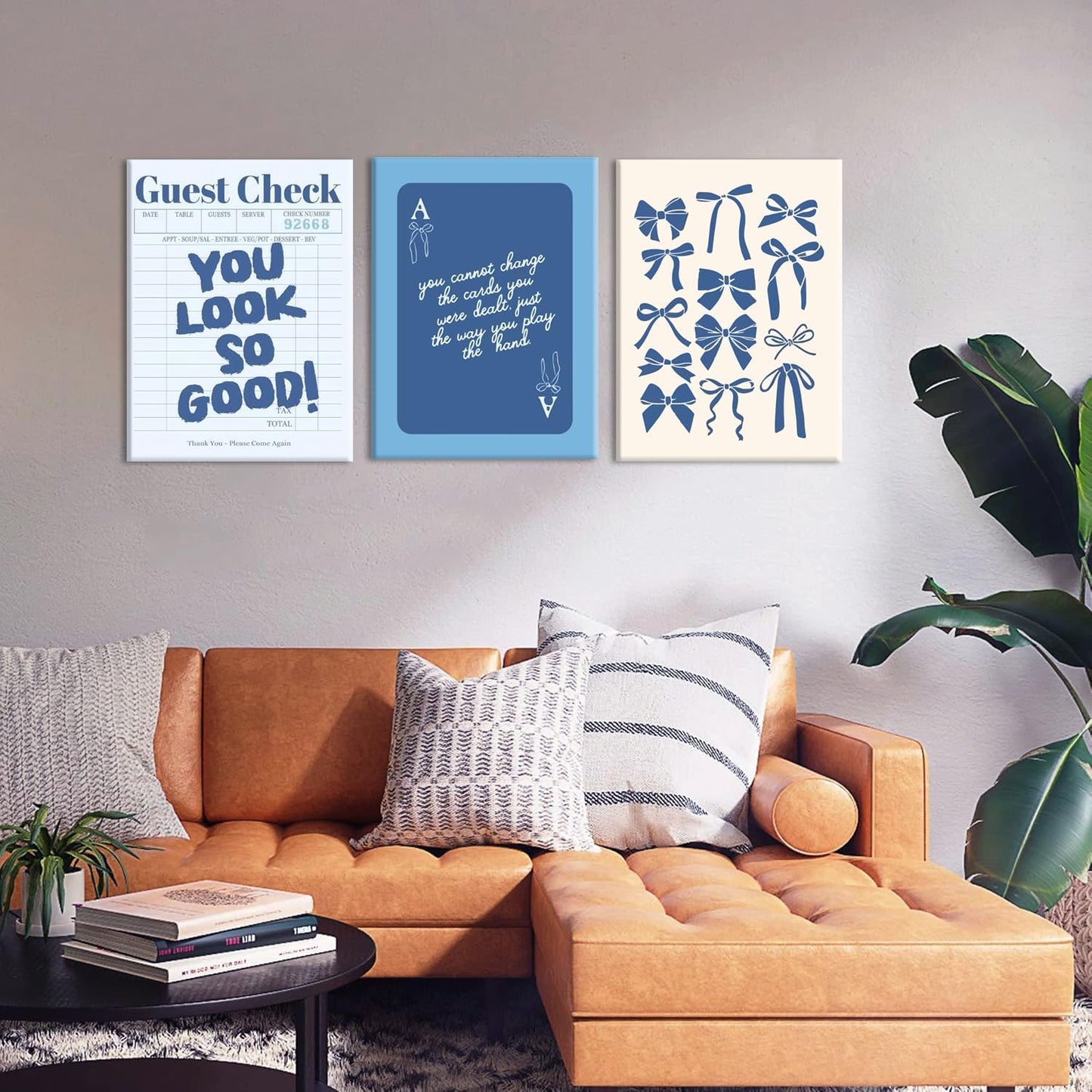 Blue Preppy Wall Art Framed Set of 3 Trendy Navy Bow Posters Retro Guest Check Canvas Prints Poker Painting Minimalist Positive Quote Picture Room Decor Aesthetic for Living Room Dorm Apartment12x16in