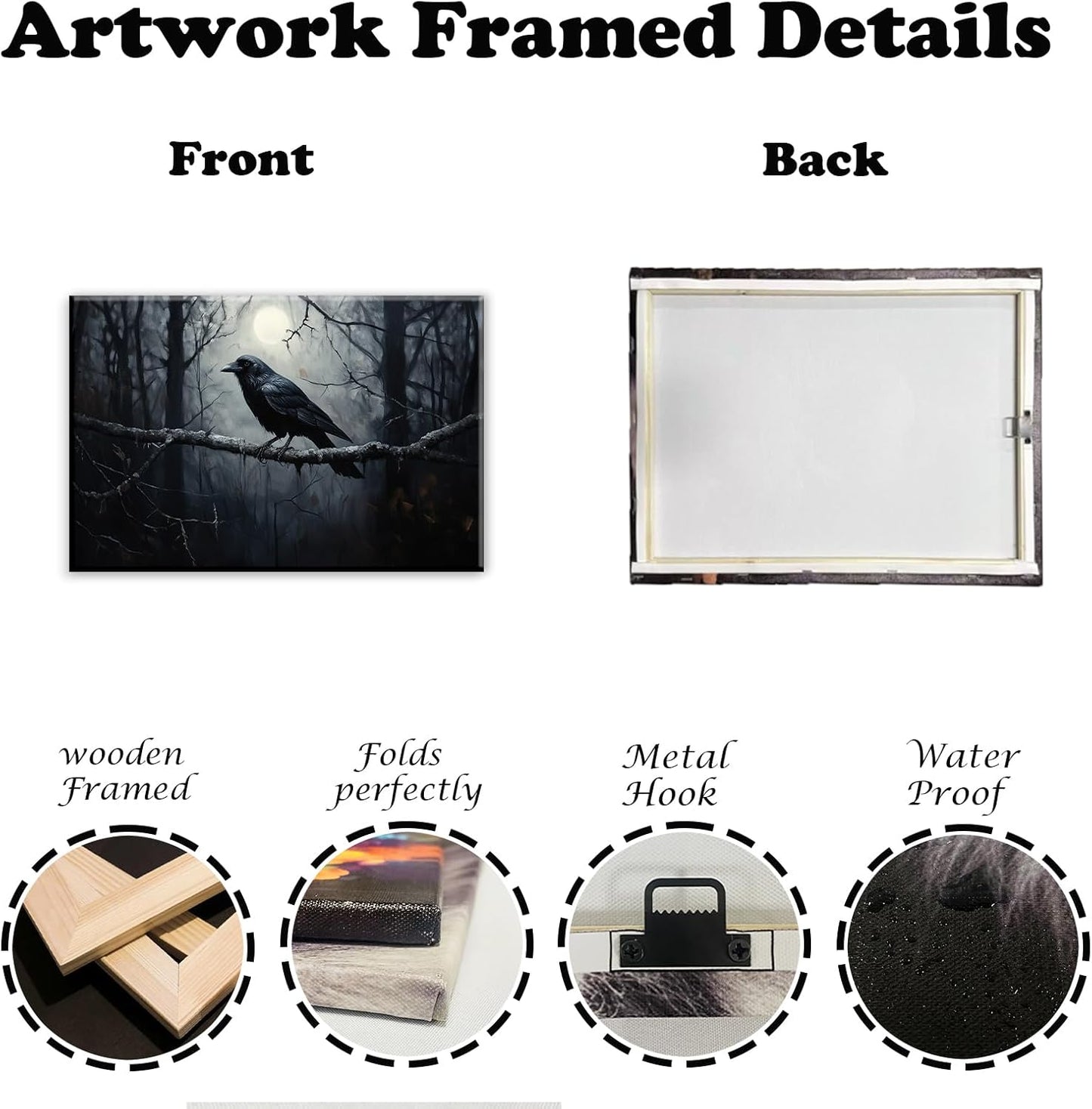 OAAPITI Crow Canvas Wall Art Black Crow Stand On The Branch Picture Print Moonlit Night Poster Vintage Forest Landscape Painting Artwork Living Room Halloween Decor(Artwork-1,12"x18")