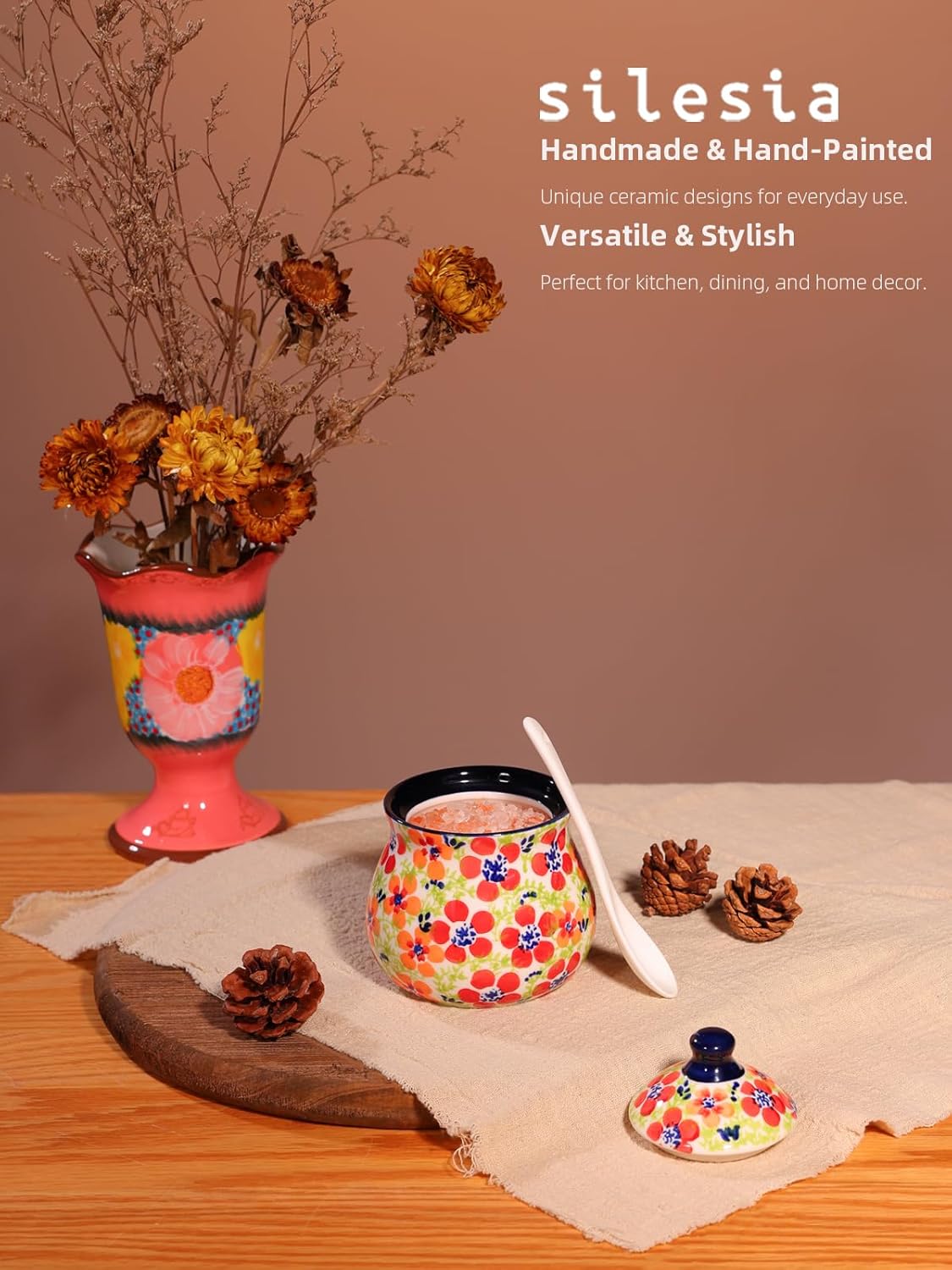 silesia Handmade Sugar Bowl with Lid and Spoon, 9 Ounce Ceramic Hand-Painted Sugar Jar for Home in Gift Box, Kitchen Decor, Oven, Dishwasher & Microwave Safe, Jungle Floral