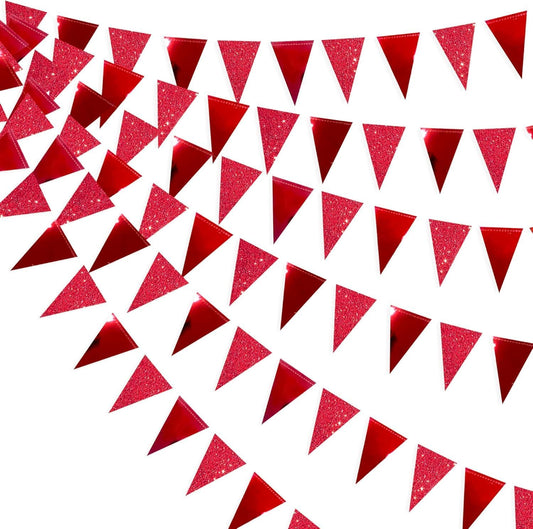 30Ft Red Party Decorations Glitter Metallic Paper Triangle Banner Flag Pennant Bunting for Graduation Wedding Engagement Anniversary Bachelorette Birthday Bridal Shower Valentines Hen Party Supplies