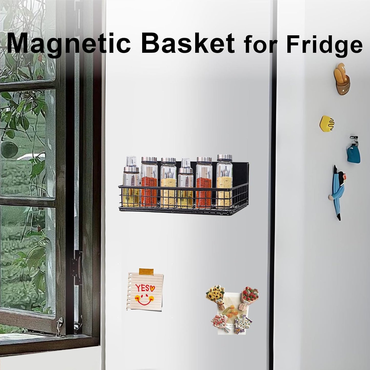 Magnetic Basket, Magnetic Shelf for Fridge, Magnetic Spice Rack for Refrigerator Magnetic Locker Organizer Holder for Office Kitchen Classroom Storage, Black-Low, 9.44" x 4" x 1.77"