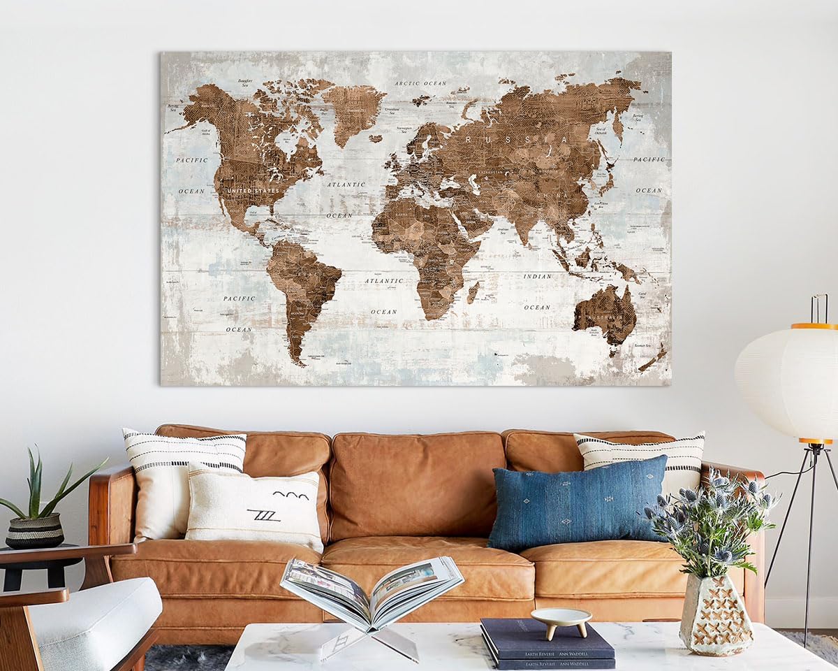 Pictures for Living Room Wall Decoration Canvas Large Wall Art Mens Office Brwon Travel Map Decor Tan Artwork