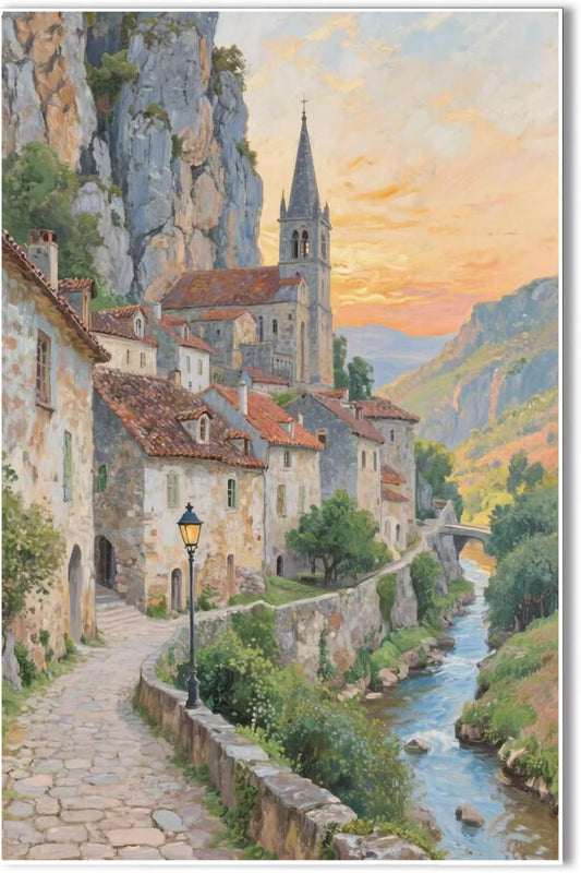 Small town scenery poster on the bank of the mountain stream is suitable for living room bedroom and office natural oil painting poster