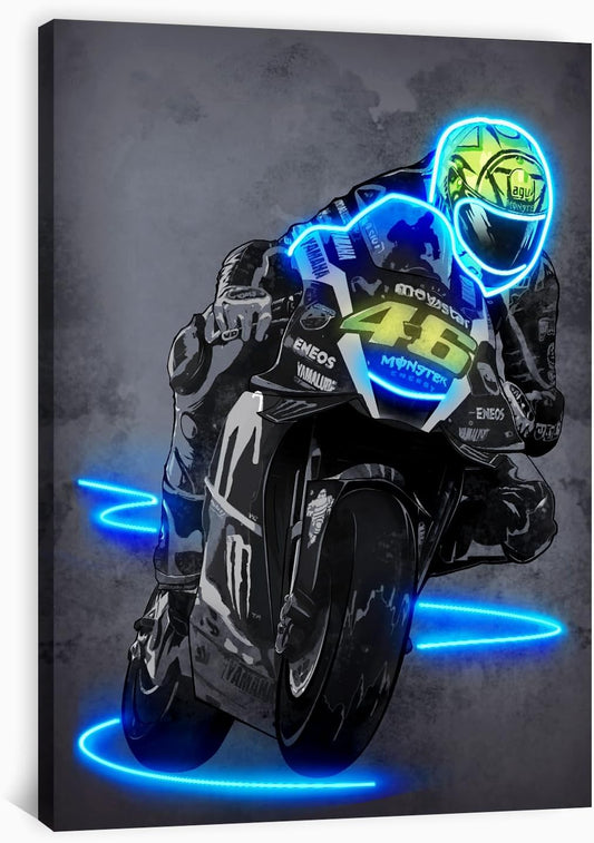Sorventina Neon Style Blue #46 YZR-M1 Motorcycle Wall Art Posters - 16x24 Wrapped Canvas, Non-LED, Ideal Home Decor for Bedroom, Living Room, Office, Garage, or Man Cave