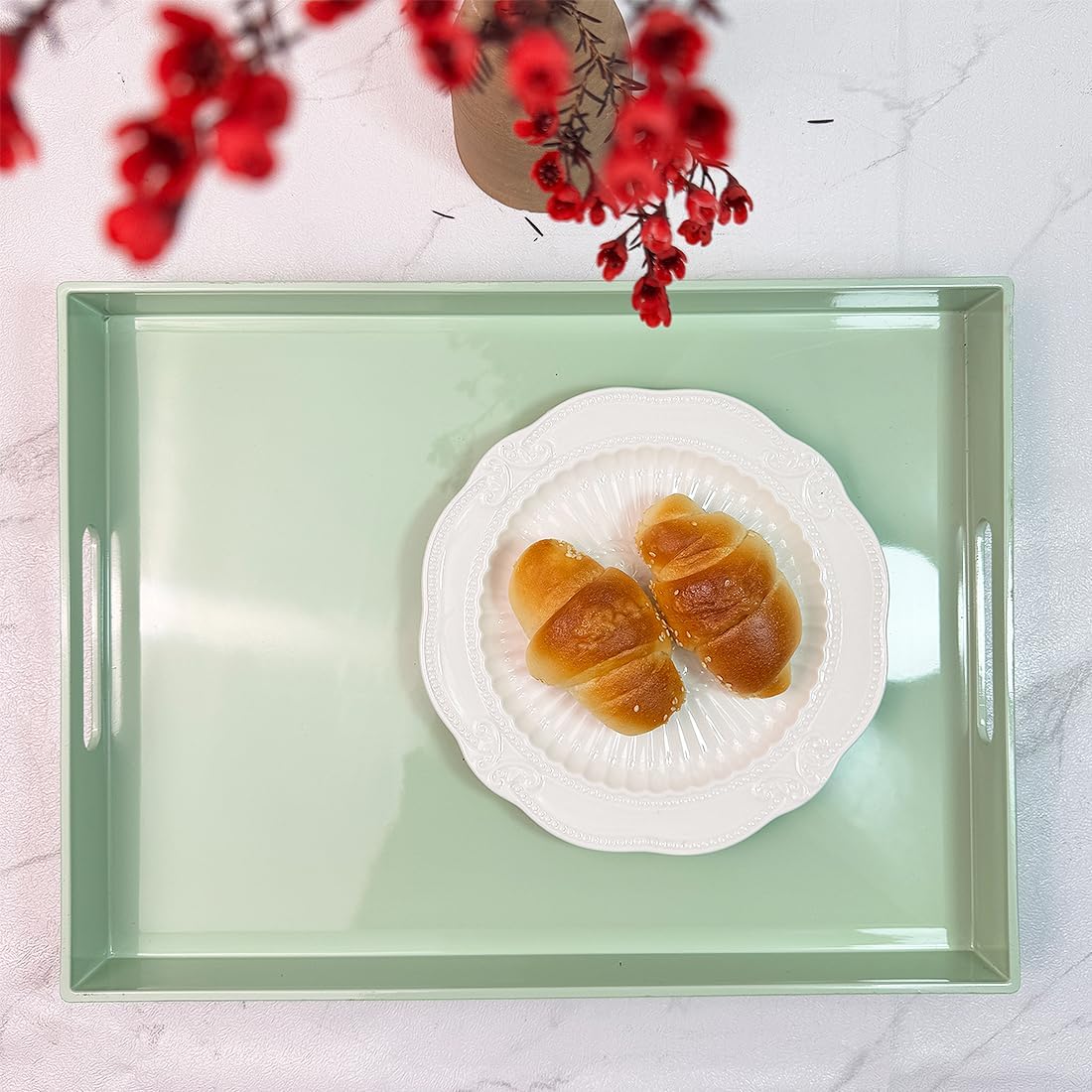 Turquoise Green Decorative Tray, Rectangular Large Serving Tray with Handles, Plastic Coffee Table Tray for Ottoman, Living Room, Kitchen Tabletop,15.7” x 11.8” x1.6”