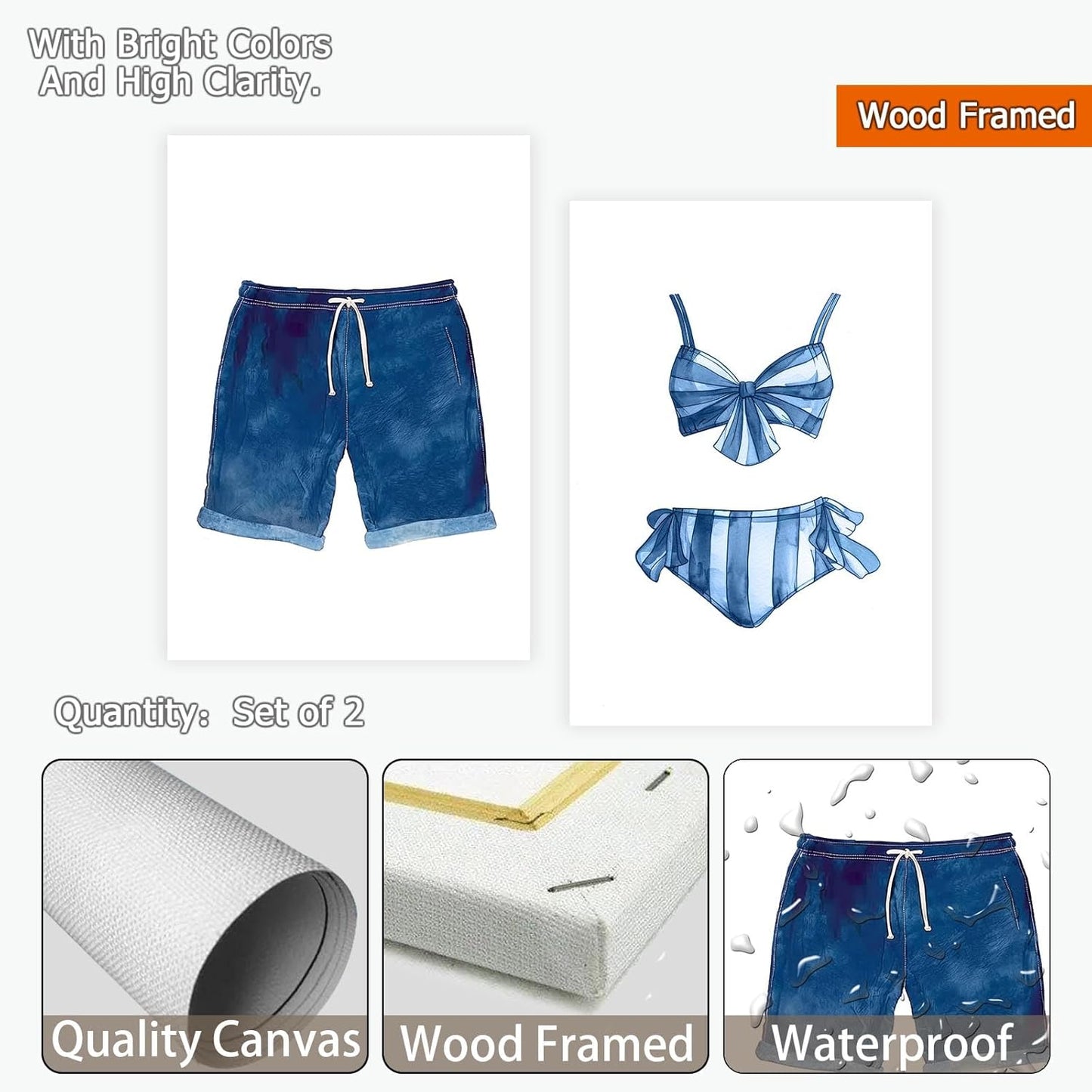 Liyark Set of 2 Retro Navy Blue And White Swimsuit Art Posters Beach Bathing Suit Prints Painting Beach House Wall Art Coastal Wall Decor Pictures For Bathroom Home Decoration 16x24in Framed