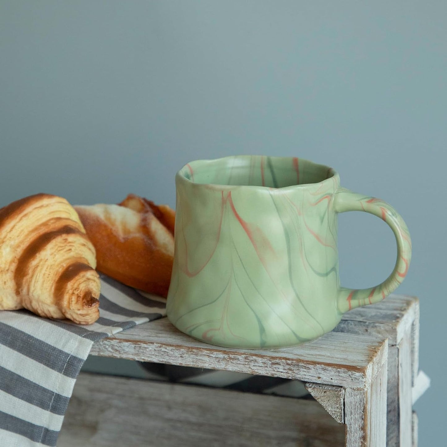 Abstract Art Ceramic Coffee Mugs Set - 1 Pack, Mint Green with Red and White Accents, Handcrafted Design for Modern Kitchen or Office