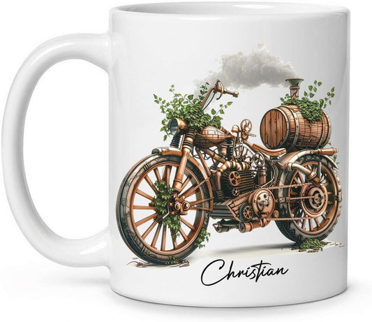 Customized Steampunk Motorcycle Mug With Vintage Design, Personalized Choose Name Coffee Cup 11oz Or 15oz, Custom Steampunk Mug, Unique Steam Engine White Ceramic Mug, Gift For Dad