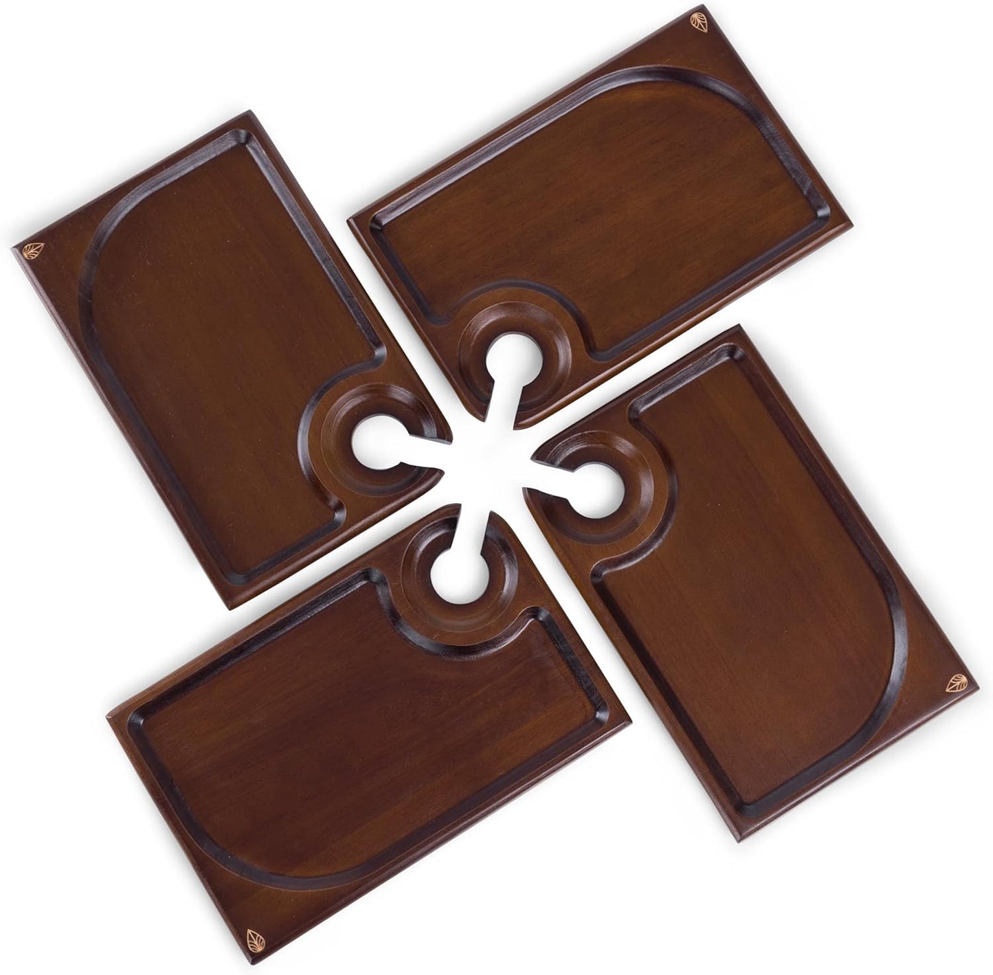 PICNIC TIME Rectangle Wine Appetizer Plates Set of 4, Cocktail Plate with Glass Holder, Cheese Board with Wine Holder, (Stained Parawood)