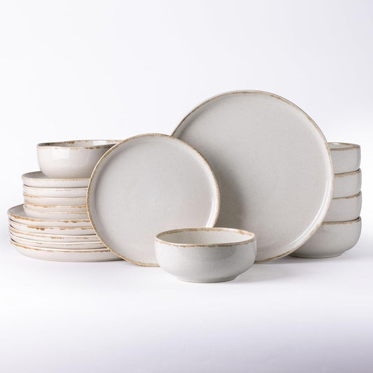 AmorArc Ceramic Dinnerware Sets, Wavy Rim Stoneware Plates and Bowls Sets, Highly Scratch Resistant | Dishwasher & Microwave Dishes set, Service for 8 (24pc)-Speckled Cappuccino