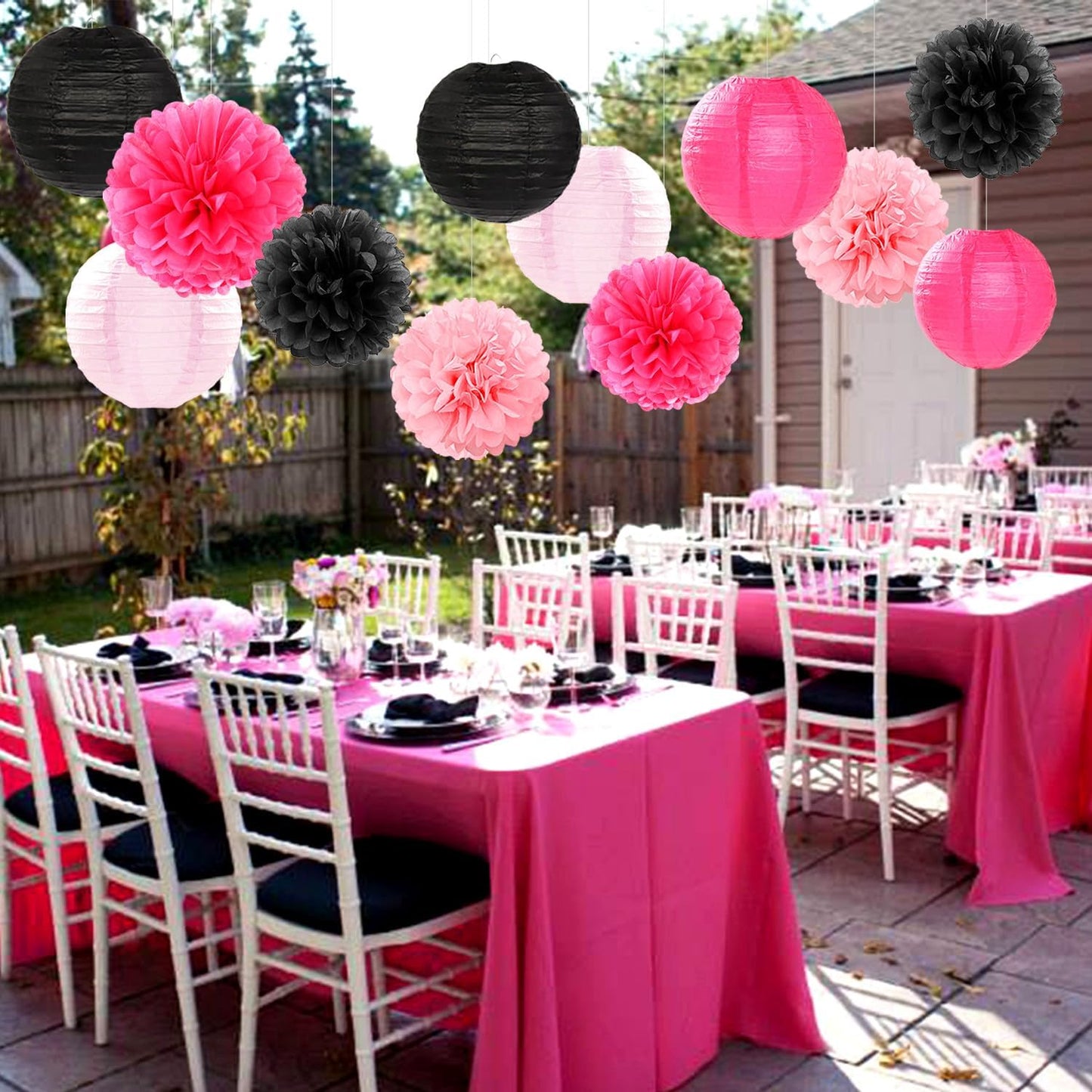 Hot-Pink Black Party-Decorations Paper Flowers Lanterns - 15PCS Graduation Birthday Tissue Pom Poms Streamers,Baby Girl Women Bachelorette Hanging Supplies Decor Hugfond