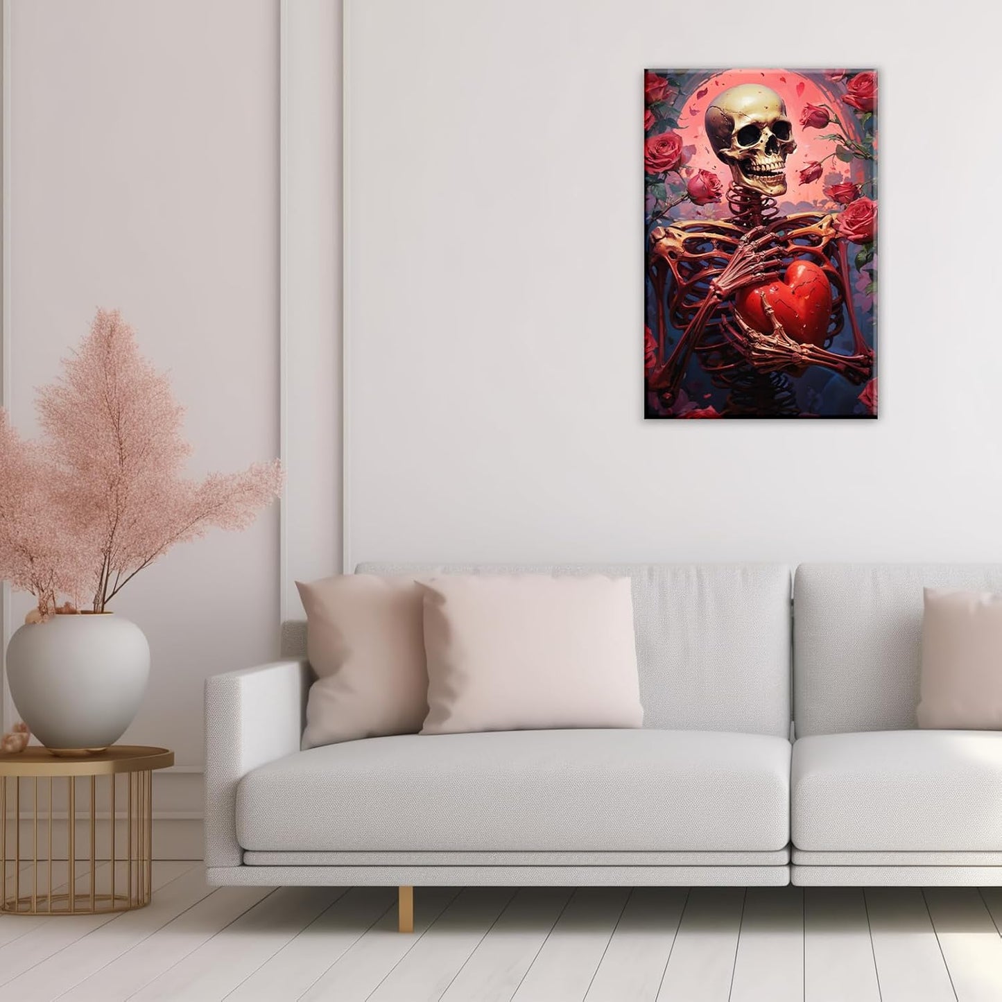 OAAPITI Skull Skeleton Canvas Wall Art Skull Holding Heart Picture Print Romantic Theme Painting Artwork Gothic Poster Wall Decor Living Room Halloween Decor(Artwork-1,20"x30")