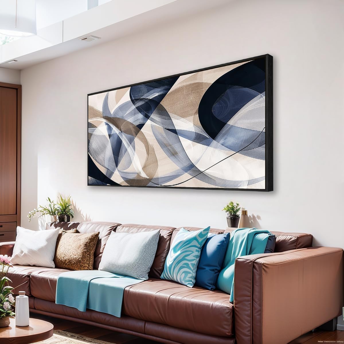 Modern Geometric Abstract Canvas Wall Art 48 x 24 inches Navy Blue and Beige Tones Canvas Painting Framed Home Artwork Living Room Decor for Bedroom Office Wall Decor