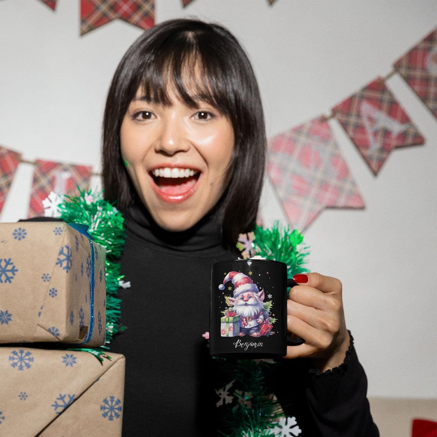 Cute Gnome And Gifts Design Mug, Customized Christmas Gnome Black Cup 11oz 15oz, Gnome Lover Coffee Mug With Custom Name, Gift For Children, Personalized Xmas Gnome Ceramic Cup