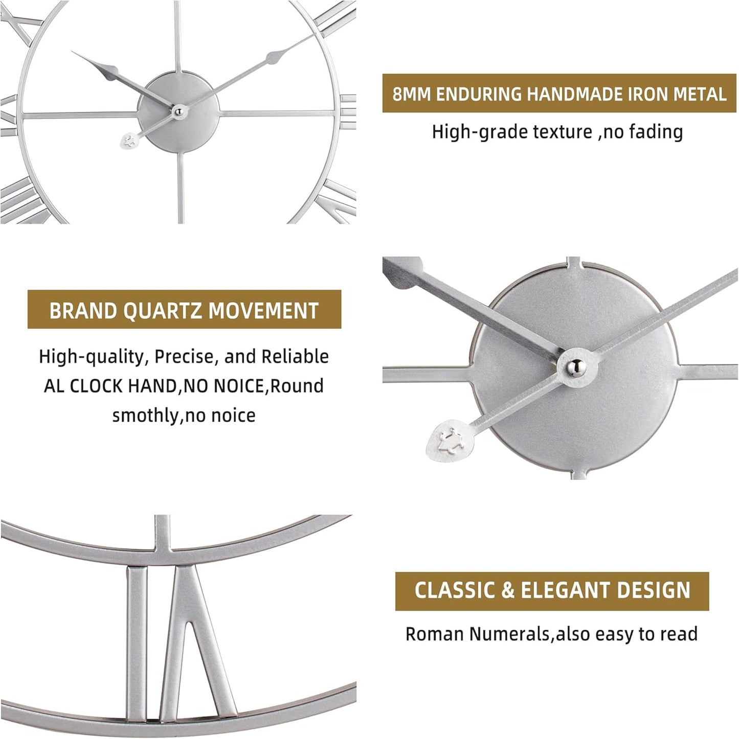 Large Wall Clock for Living Room Decor - 47cm/ 18 Inches Silent Non-Ticking Metal Wall Clocks Battery Operated, Vintage Decorative Modern Wall Clock for Bedroom, Office, Farmhouse Decor