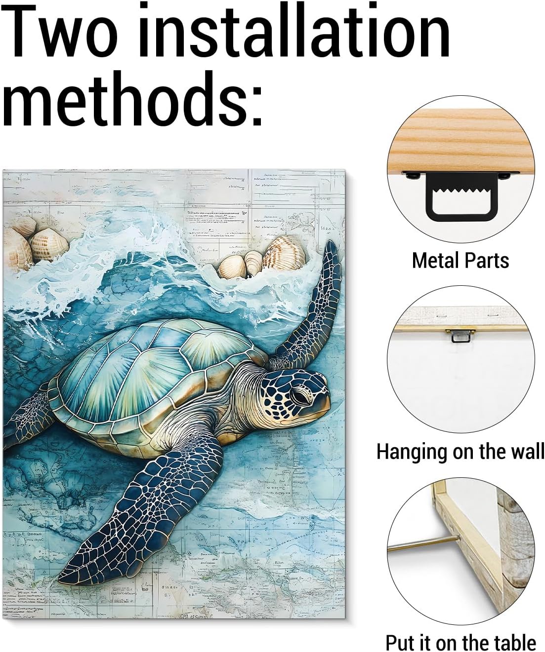 Coastal Sea Turtle Canvas Wall Art Turtle Nautical Ocean Theme Print Poster Framed Picture Painting for Home Beach House Bedroom Wall Decor 11x15 Inch