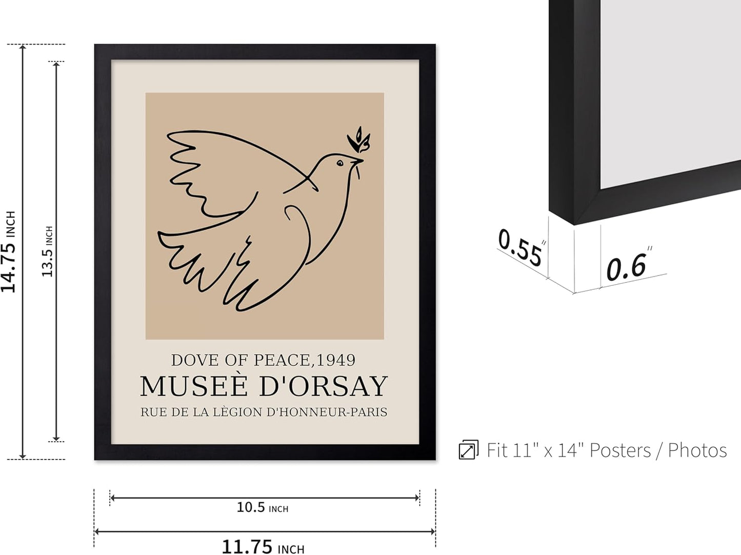 Poster Master Vintage Poster - Retro Minimalist Print - Gift for Artist, Friend - Dove Of Peace, Line Drawing, Sketch, Abstract - Wall Decor for Living Room, Bedroom, 11x14 Black Framed