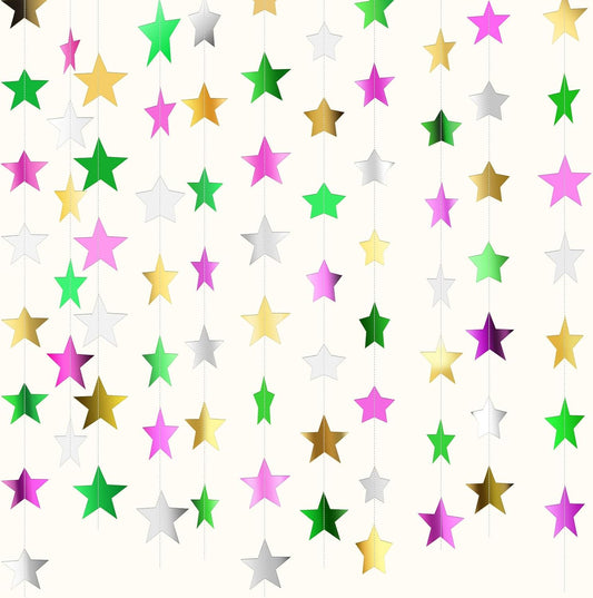 Patelai Glitter Star Garland Banner Decor 130 Feet Star Hanging Bunting Banner Twinkle Backdrop for Homecoming Classroom Wedding Birthday Halloween Christmas Party Supplies(Green,Pink,Gold,Silver)