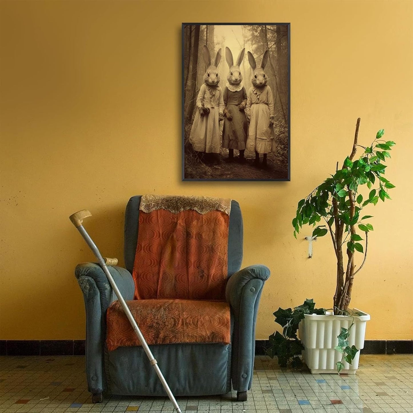 Vintage Horror Spooky Three Rabbits In Occult Forest Spooky Canvas Wall Art Poster Gothic Dark Academia Decorations Room Creepy Print Retro Halloween Wall Decor 24X36inch Aluminum Framed