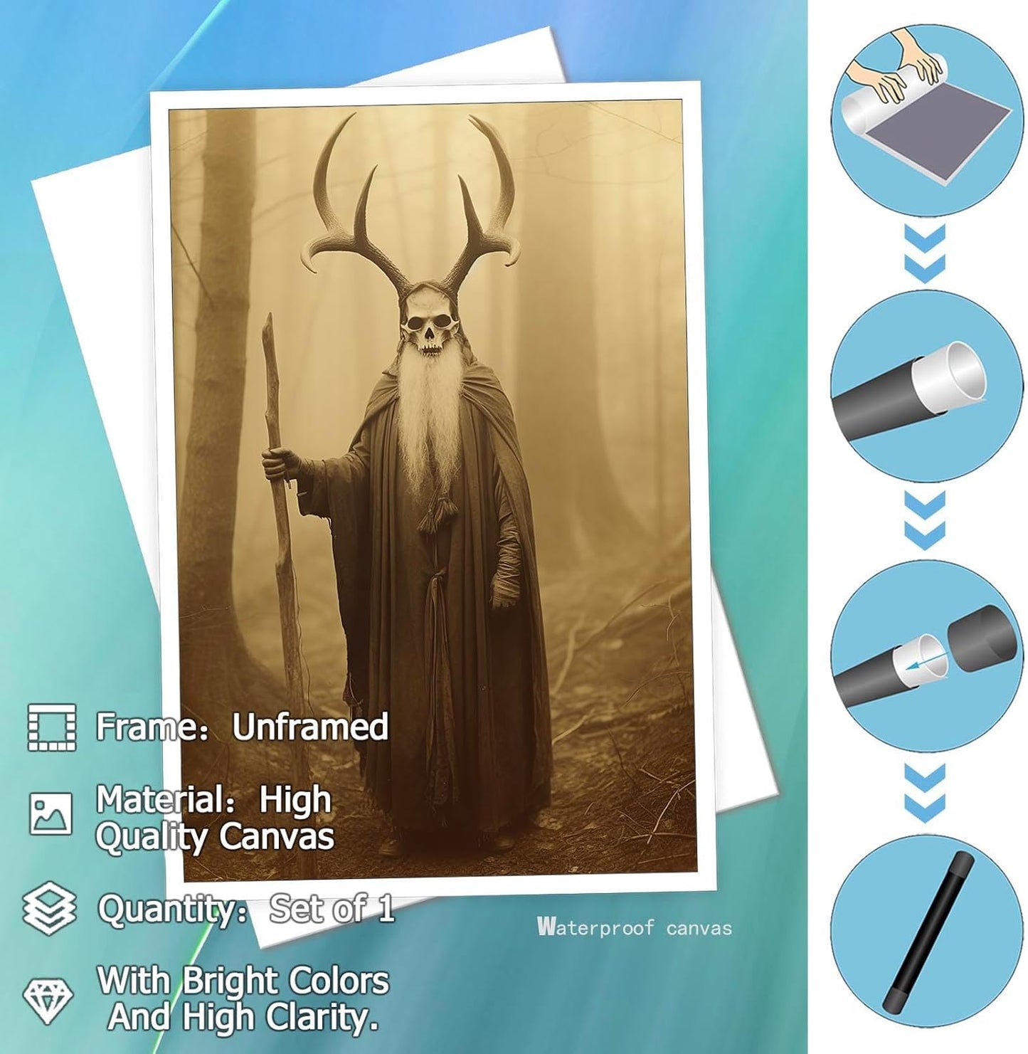 Skeleton Halloween Decor Occult Druid of the Forest Poster Canvas Wall Art Vintage Spooky Print Gothic Room Decor Dark Academia Decorations Bedroom Creepy Skull Picture 12X16inch Unframed