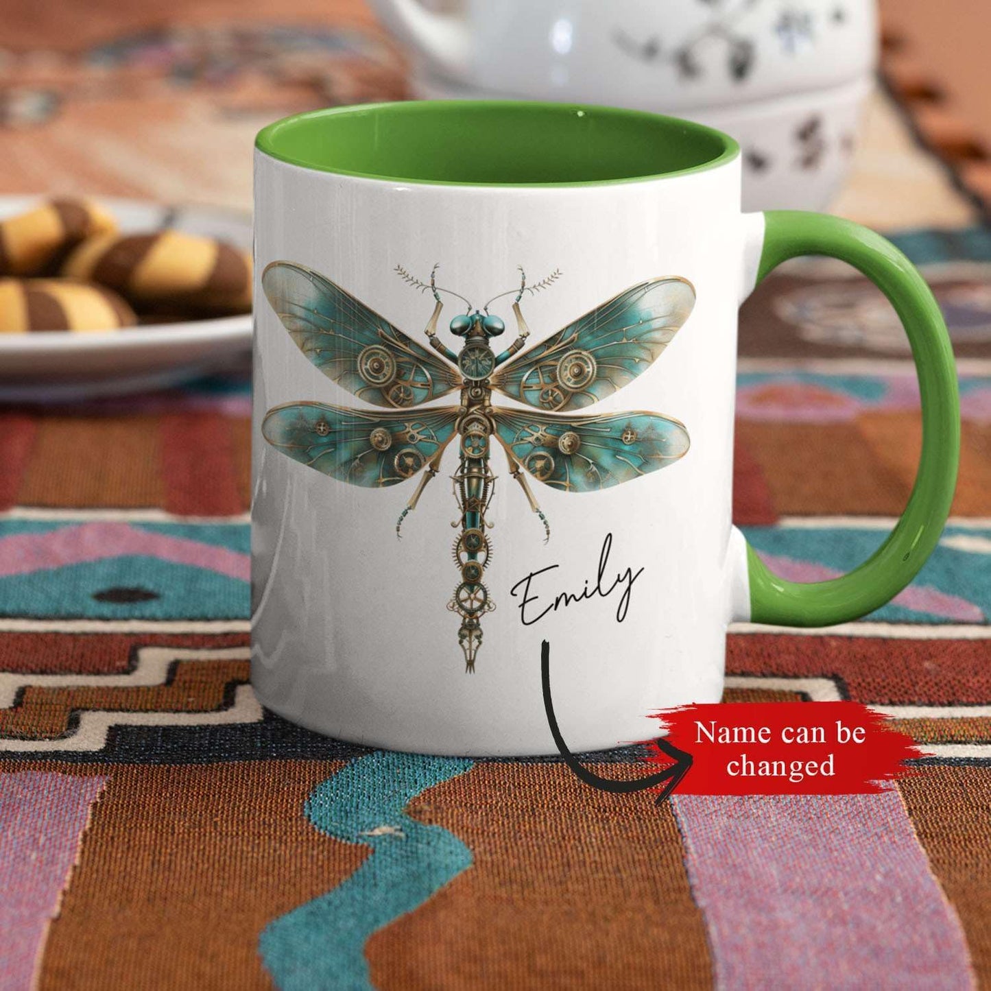 Personalized Steampunk Dragonfly Mug, Customized Name Coffee Cup 11oz, Custom Unique Dragonfly Ceramic Cup, Dragonfly Lovers White Cup, Steampunk Themed Decorative Mug, Kid Cup