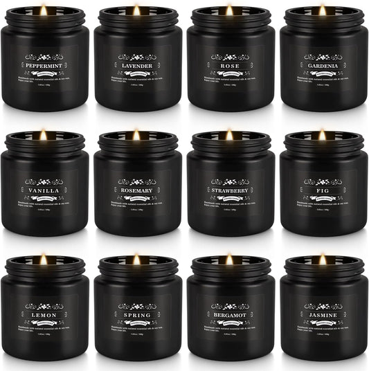 Scented Candle Set 12 Pack,Black, Candle for Home Scented, Odor Eliminating, Stress Relief, Long Lasting Soy Wax Gift Set