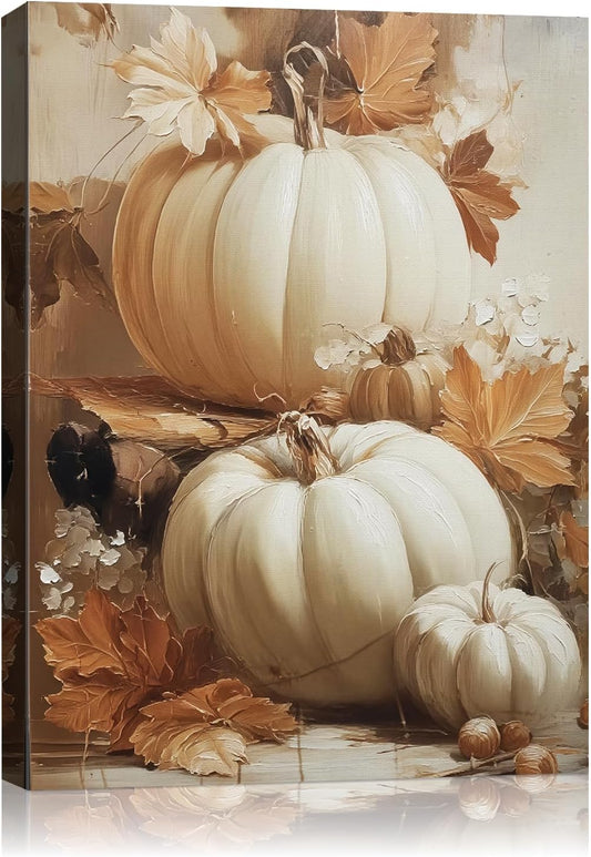 Rustic Autumn Pumpkin Wall Art Decor, Framed Vintage Thanksgiving Decorations, Fall Canvas Wall Art for Home, Kitchen and Living Room, Cozy Fall Decor Picture Print Ready to Hang