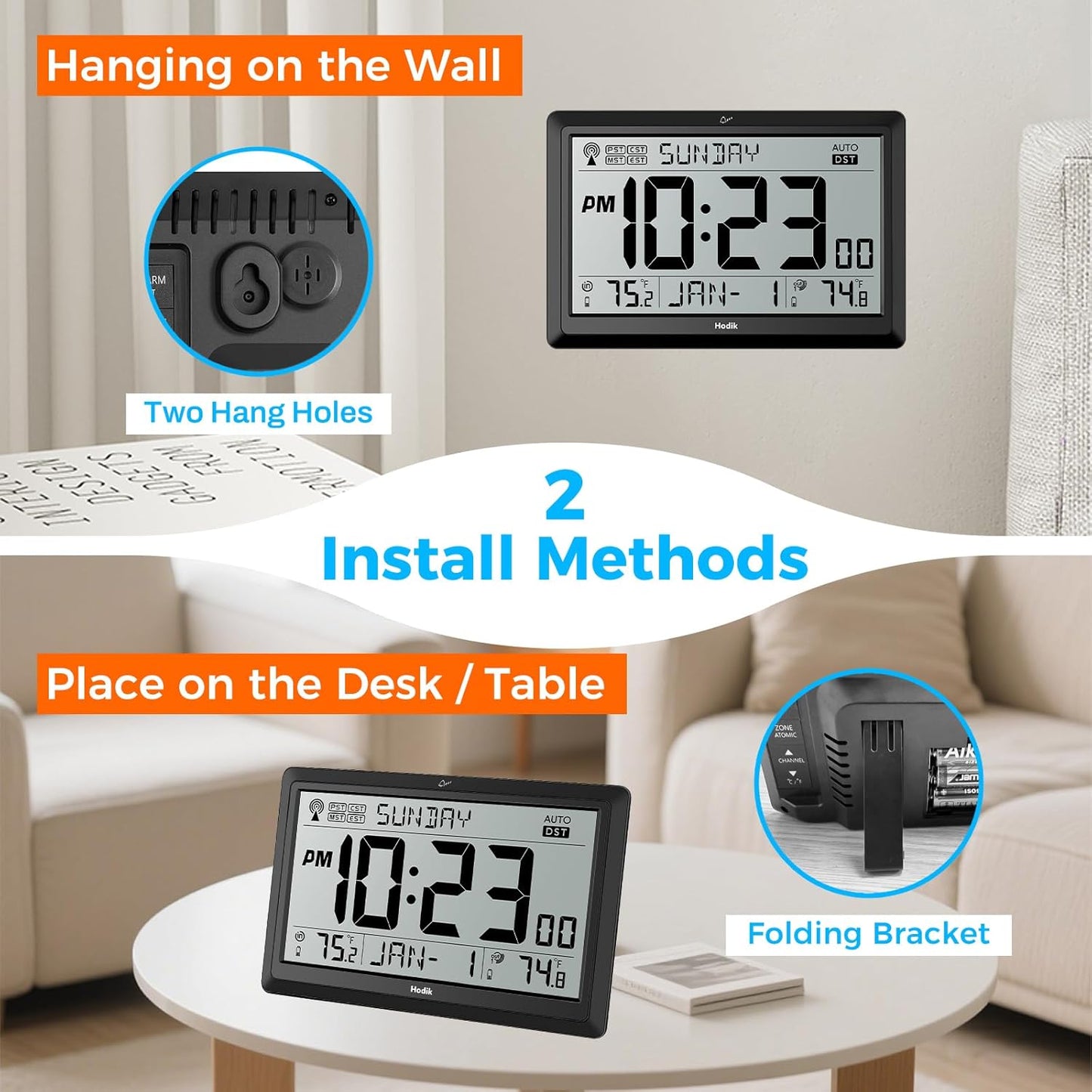 Wall Clock Atomic with Indoor Outdoor Temperature Battery Powered, Easy Reading with 10.5 Inch Large LCD Display, 330FT Range Table Wall Clock with DST, 12/24 Hour for Living Room Kitchen (Black)