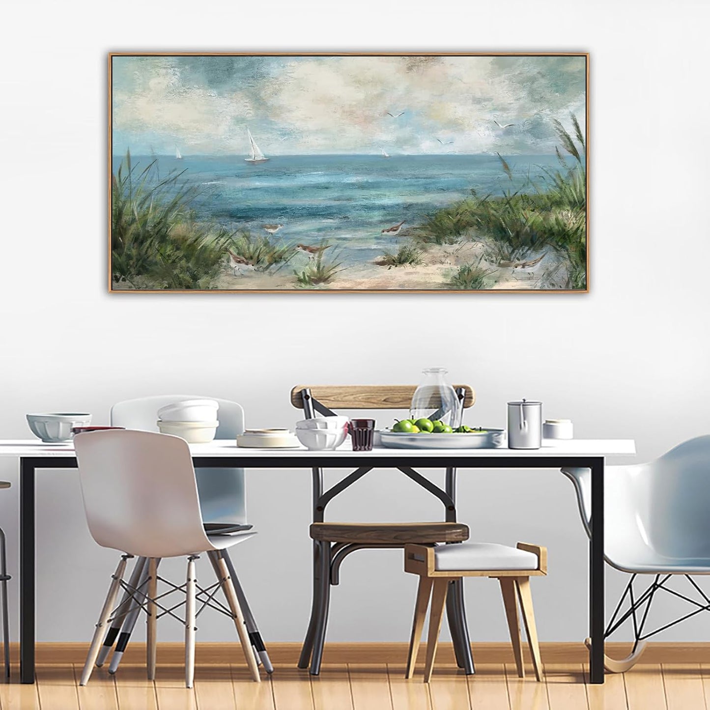 Sea Beach Framed Canvas Wall Art Vintage Seascape Canvas Prints Wall Decor Ocean Sailboat Seagull Canvas Pictures Beach Bird Reed Canvas Painting Artwork Living Room Bedroom Decoration 29" X 58"