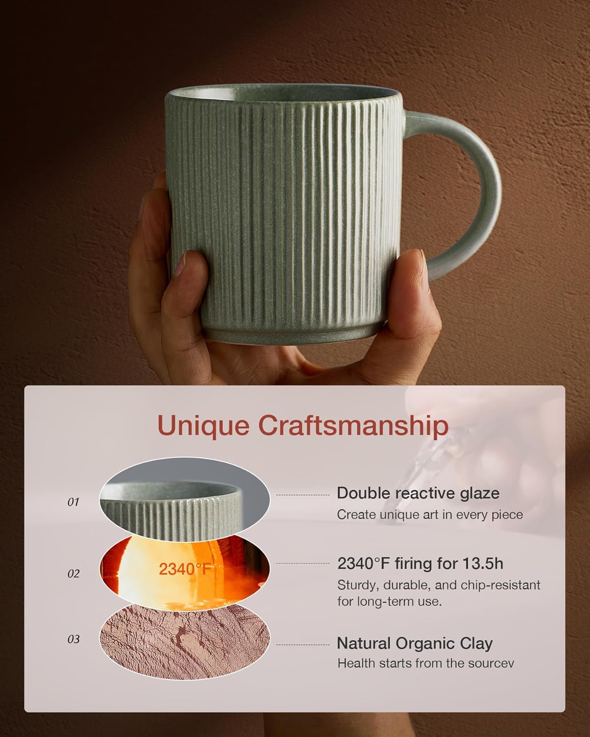 famiware Coffee Mug Set for 4, Star 12 oz Catering Mugs Cup Set with Handle for Coffee, Tea, Cocoa, Milk - Ceramic Stoneware Drinkware Set, Matte Green