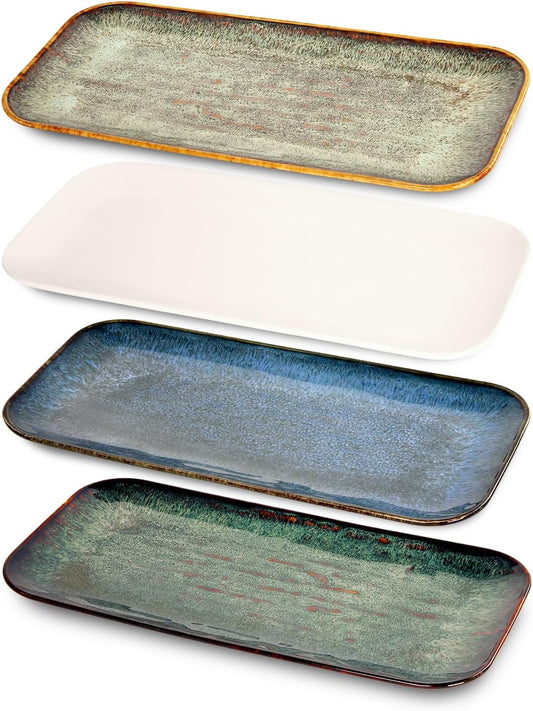 Porcelain Dinner Plates, Serving platters for entertaining, for Fruit, cheese, snack, Bread, cupcake, Salad - Scratch Resistant durable, Microwave, Dishwasher Safe, four colors 4 PCS