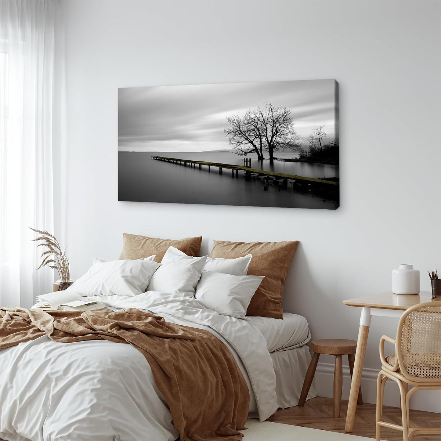 DZL Art S74998 Gray Canvas Prints Modern Minimalist Black and White Lake Trees Landscape Wall Art Painting for Living Room Bedroom Decor Office Wall Decor Home Decoration