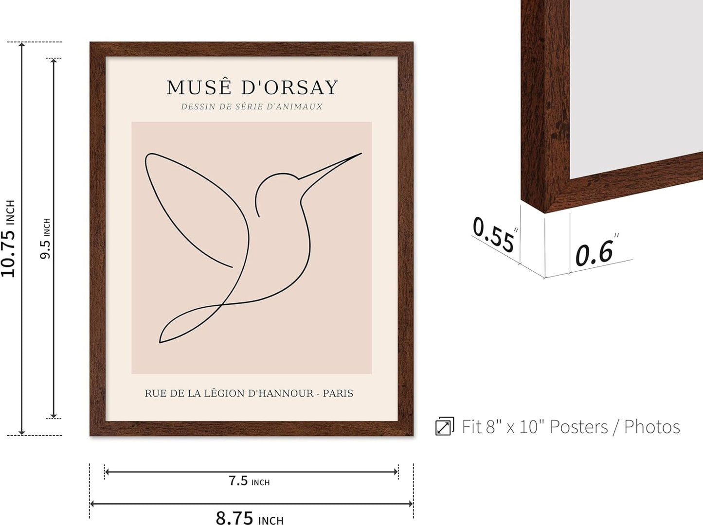 Poster Master Vintage Poster - Retro One Line Hummingbird Drawing Print - Bird Line Art - Minimal Gift for Him, Her, Animal Lover - Abstract Decor for Home, Office, 11x14 Brown Framed