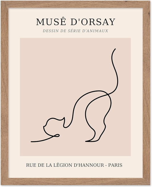 Poster Master Vintage Poster - Retro One Line Cat Drawing Print - Cat Art - Minimal Gift for Men, Women, Animal Lover - Abstract Wall Decor for Home, Office, Bedroom, 8x10 Beige Framed