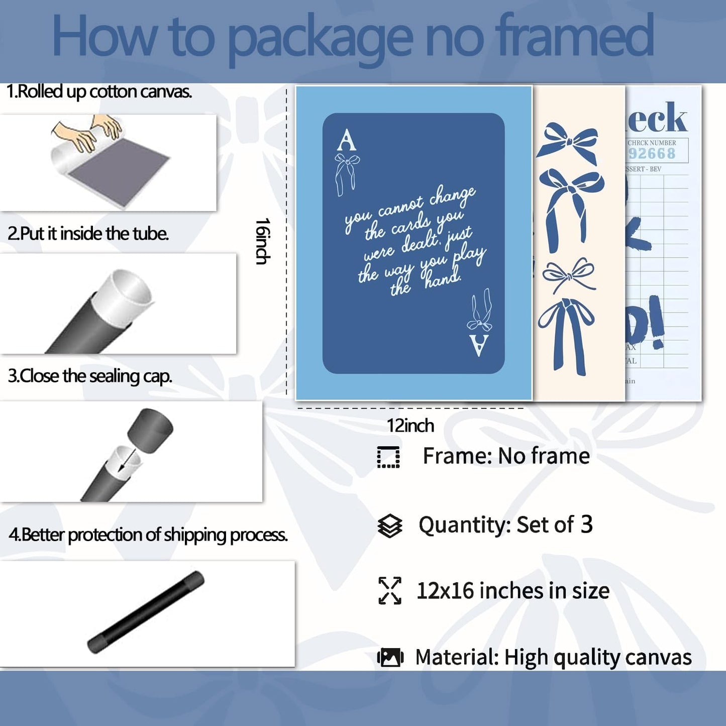 Blue Preppy Wall Art Set of 3 Trendy Navy Bow Posters Retro Guest Check Canvas Prints Poker Painting Minimalist Positive Quote Picture Decor Aesthetic for Living Room Dorm Apartment 12x16in Unframed