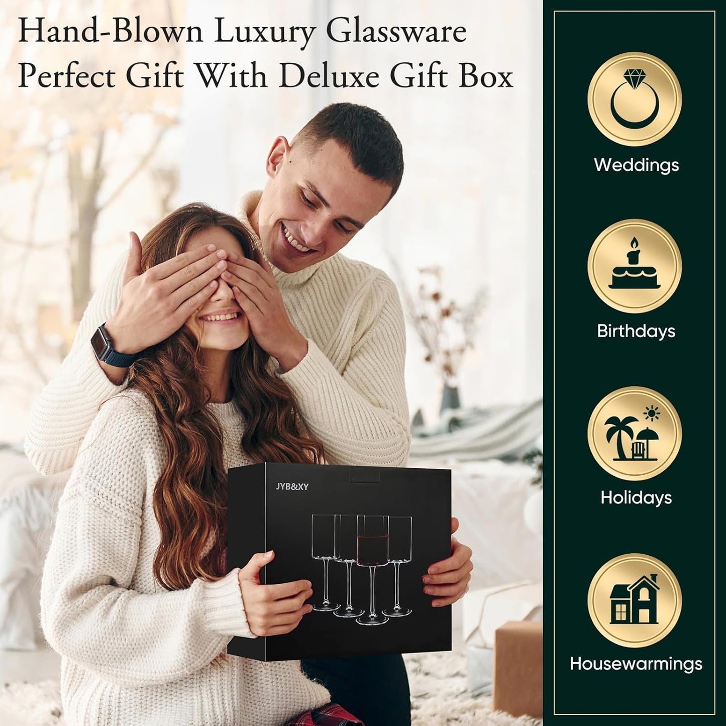 Premium Crystal Wine Glasses - Hand Blown, Thin Rim, Long Stem, Square Unique Design - Set of 4, 15oz - Perfect for Men or Women, Wedding, Anniversary, Christmas, Birthday Gift