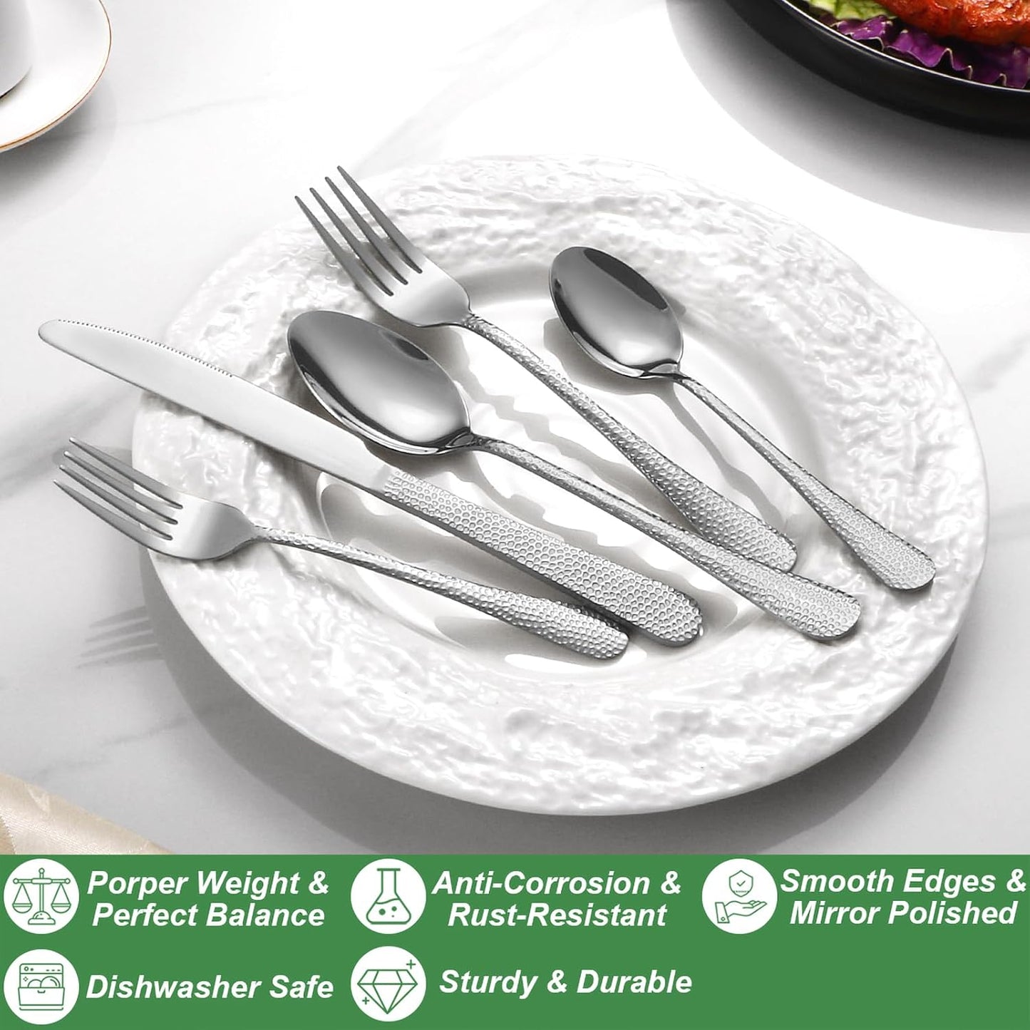 20 Pcs Silverware Set for 4 with Hammered Design, Food Grade Stainless Steel Flatware Set, Eating Utensils Sets Include Fork/Knife/Spoon, Reusable Cutlery Set, Dishwasher Safe