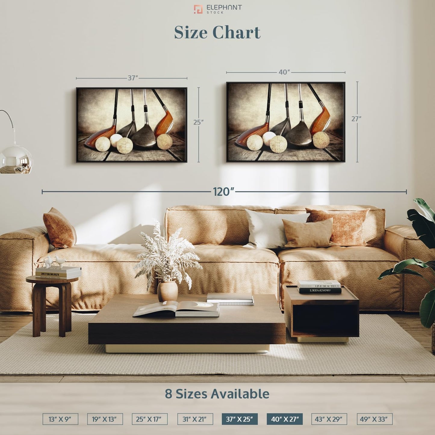 Elephant Stock Golf Sets Wall Art - Horizontal Framed Canvas - 1-Piece Mancave Wall Decor - Photography Sports Canvas Print - Yellow and Brown Decor for Wall - 37" X 25"