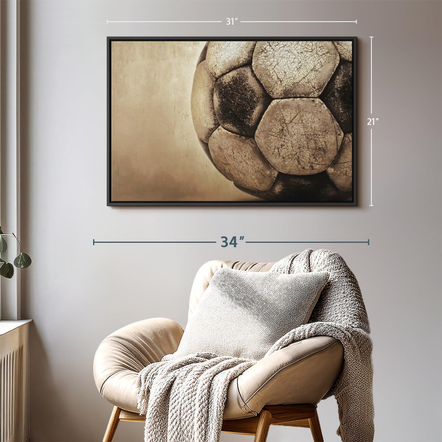 Elephant Stock Worn Soccer Ball Wall Art - Horizontal Framed Canvas - 1-Piece Living Room Wall Decor - Photography sports Canvas Print - Brown and Gray Decor for Wall - 31" X 21"