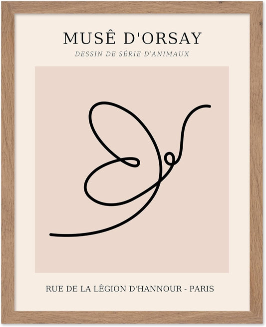 Poster Master Vintage Poster - Retro One Line Butterfly Drawing Print - Butterfly Line Art - Minimal Gift for Him, Her, Animal Lover - Abstract Decor for Home, Office, 11x14 Beige Framed