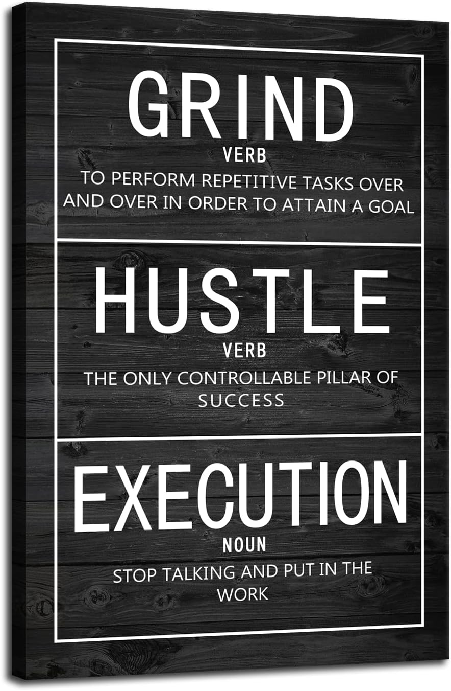 Grind Verb Hustle Verb Execution Noun Inspirational Canvas Painting Wall Art Motivational Poster Prints Artwork Pictures for Home Decor Office Framed Ready to Hang [24''W x 36''H]