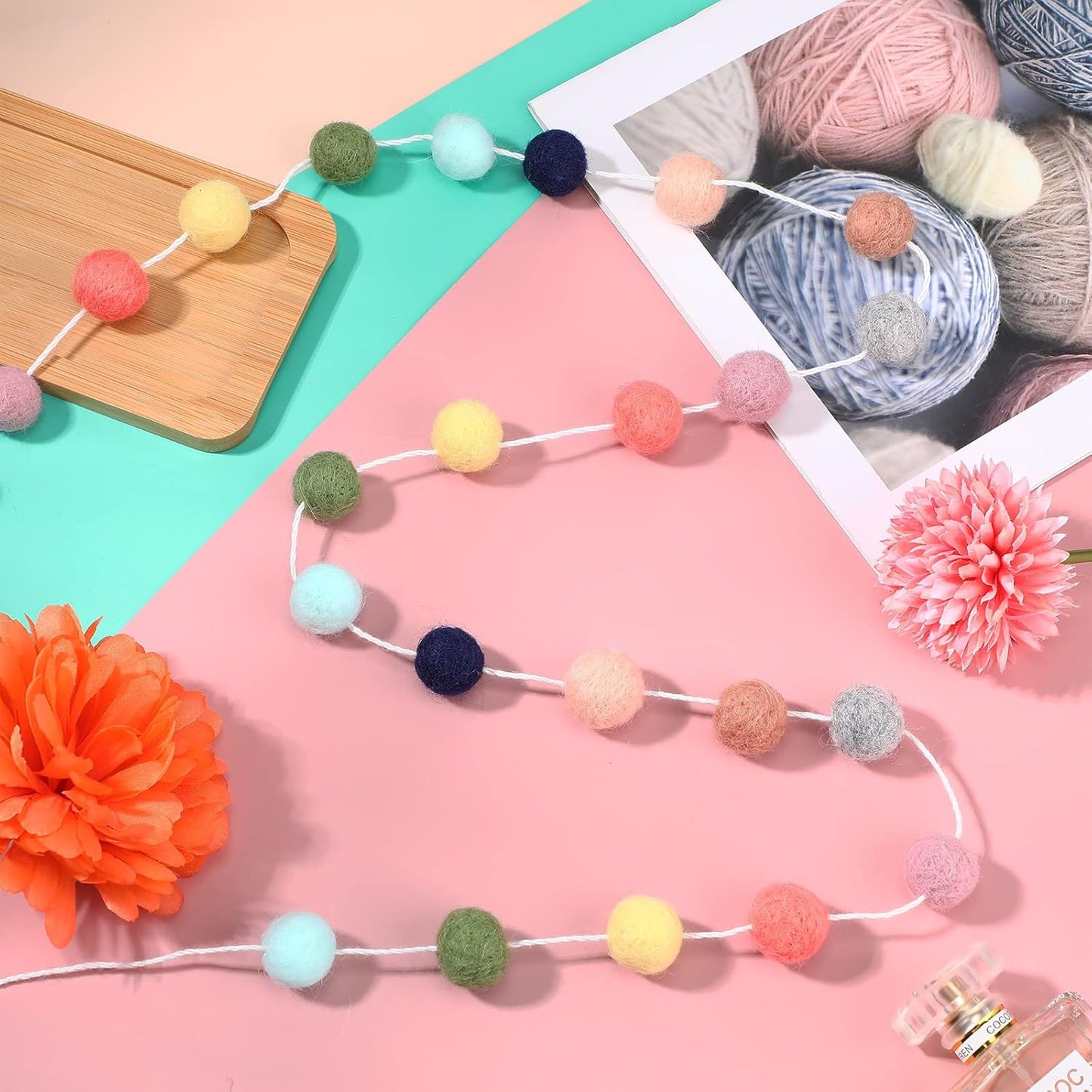 Irenare 9.8 ft Pom Pom Garland Felt Colorful Tassel Banner Christmas Party Pompoms Garland Decorations Felt Pennant Banner for Classroom Home Mantel Fireplace Birthday(Bright Color)