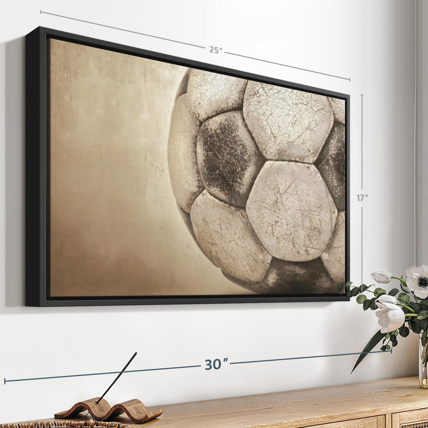 Elephant Stock Worn Soccer Ball Wall Art - Horizontal Framed Canvas - 1-Piece Living Room Wall Decor - Photography sports Canvas Print - Brown and Gray Decor for Wall - 25" X 17"